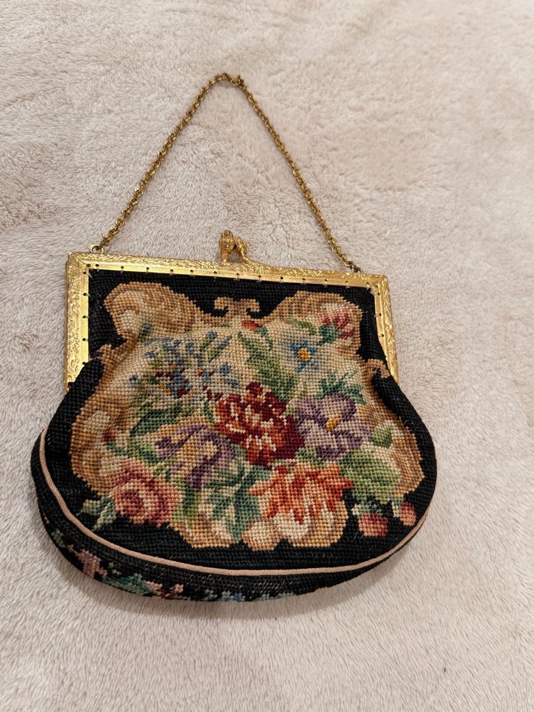 Vintage Antique 1930s Petit-Point Hand Made Purse Floral Purse With Chain
